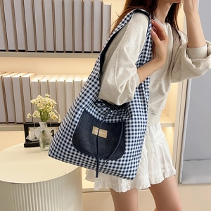 Große Gingham-Einkaufstasche 2025 mit Denim-Tasche, lässige Schultertasche aus Canvas