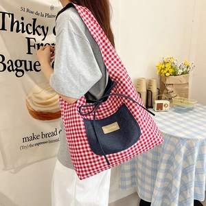 Rot-weiße karierte Canvas-Einkaufstasche mit Denim-Tasche getragen von einem Model