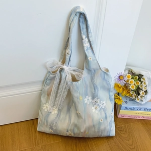 Women Literary Fresh Floral Embroidered Tote Bag Fairy Soft Polyester Shoulder Bag With Lace Bow Knot Casual Versatile Handbag