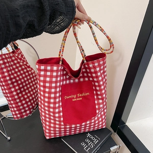 Canvas Gingham Tote Bag Large Capacity Women Shoulder Bag Colorful Woven Strap Contrast Pocket Casual Travel Handbag