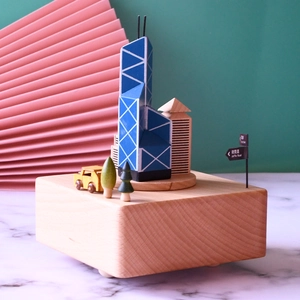 Hong Kong Bank of China Building wooden music box with Jaffe Road sign and mini car