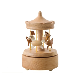 Classic wooden carousel music box crafted from natural beech wood for gift decor