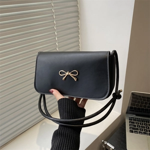 Women PU Leather Crossbody Bag With Gold Metal Bow Elegant French Niche Shoulder Underarm Square Versatile Purse