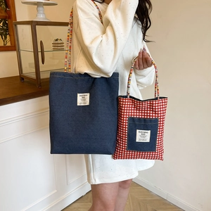 Retro denim tote and red checkered canvas bag with colorful woven handles set