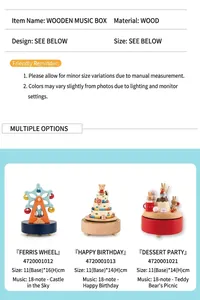 Macro detail of wooden music box showing specifications and colorful forest theme