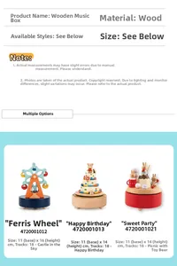 Macro detail of wooden music box showing specifications and colorful forest theme
