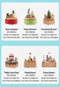 Detail of wooden music box collection featuring hand-painted bears and buses on real wood base