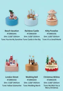 Detailed catalog of 14cm mechanical wooden music boxes featuring diverse creative themes