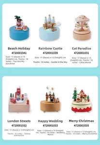 Detailed catalog of 14cm mechanical wooden music boxes featuring diverse creative themes