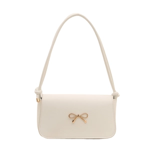 French style white faux leather underarm bag with elegant gold bow metal accessory