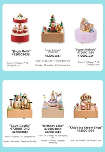 Detailed view of rotating wooden music box collection with classic 18-note movement