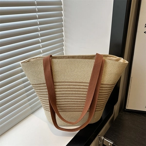 Damen Große Kapazität Stroh Tragetasche Sommer Strand Gestreifte Schultertasche Urlaub Casual Handtasche Für Damen
