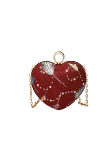 Elegant heart-shaped red sequin evening clutch with feather embroidery and chain strap
