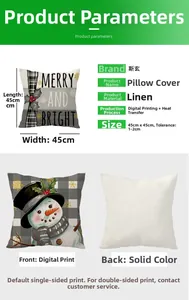 Detailed Christmas linen pillowcase specifications with digital printing and snowman design