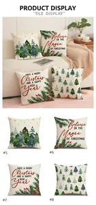 Detail of Christmas pillow covers featuring festive tree prints and holiday greetings