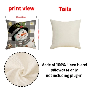 Christmas snowman linen blend pillowcase with gray plaid pattern, 18x18 inch size