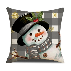 Christmas snowman pillow cover with gray buffalo plaid background and gold snowflakes