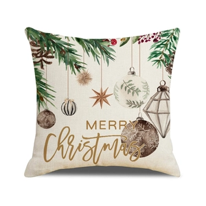 Nordic Merry Christmas pillow cover with pine branch pattern on white linen texture background