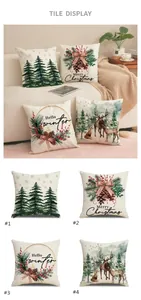 Detailed view of four Christmas pillow covers featuring pinecones and winter deer patterns