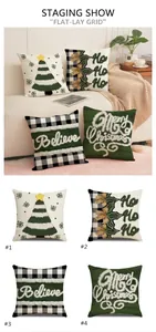 Detailed view of four festive Christmas linen pillowcases with holiday patterns and text