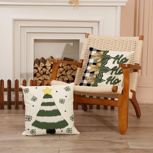 Christmas linen pillowcases set featuring festive Xmas tree and Ho Ho Ho buffalo plaid design