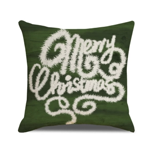 Merry Christmas linen throw pillow cover with white fuzzy text on green wood grain