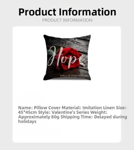 Detailed view of a 45x45cm faux linen pillowcase featuring a red rose and Hope text
