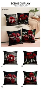 Detail of four black pillow covers with red roses and motivational text for home decor
