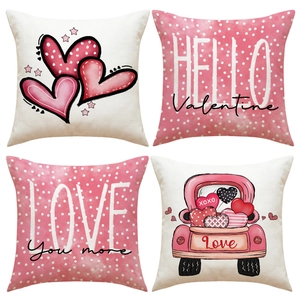 Valentine Day Cushion Covers Linen Blend Heart Print Pink Polka Dot Red Truck Square Decorative Pillowcases For Sofa Home