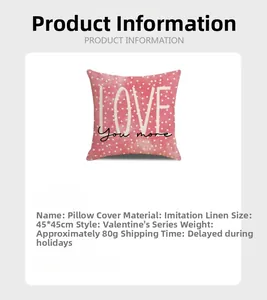 Detail of pink polka dot linen pillowcase showing LOVE You more print and fabric texture