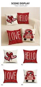 Detail view of four linen Valentine's Day pillow covers with red hearts and truck patterns