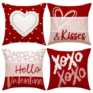Valentine's Day Heart Pattern Decorative Faux Linen Pillow Cover Hugs Kisses XOXO Letter Print Cushion Case Without Insert