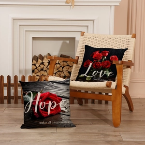 Romantic black throw pillow cases with red roses and Hope Love script for living room sofa