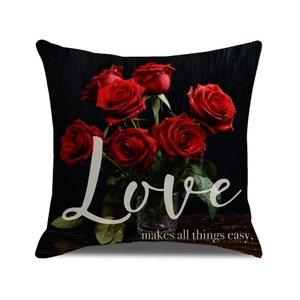 Square red rose pillow cover with Love quote for Valentine's Day sofa decoration