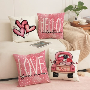 Set of four linen Valentine's Day pillow covers with hearts and romantic typography