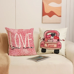 Linen Valentine's Day pillow covers with LOVE You More text and pink heart truck patterns