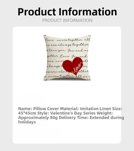 Close-up of linen Valentine heart pillow case with 45x45cm size specification details