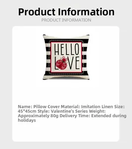 Detail card of 45x45cm faux linen Valentine pillowcase with Hello Love and heart ladybug print