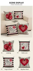Detail view of linen Valentine cushion covers featuring love hearts and ladybug patterns