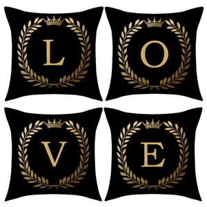 Black Gold LOVE Letter Pillowcase Crown Laurel Wreath Faux Linen Square Throw Pillow Cover For Valentine Home Decor Sofa