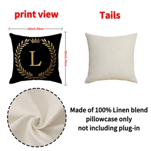 Linen love pillow cover 18x18 with gold crown letter print on black background