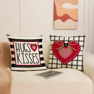 Valentine's heart pattern linen pillow covers with stripes and plaid on a cozy sofa