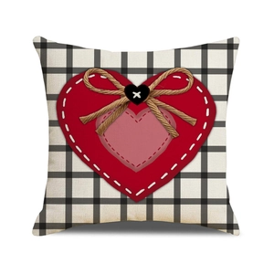 Linen Valentine heart throw pillow case with red hearts and a bow on checkered pattern