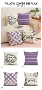 Dettaglio di quattro fodere per cuscini primaverili con lavanda e motivi a righe viola