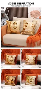 Detail of four golden Eid moon patterns on polyester decorative pillowcases