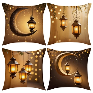Set of four Ramadan moon and lantern printed cushion covers in warm orange and brown tones