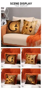 Detail view of 4 decorative pillowcases with golden moon and lantern prints for Eid decor