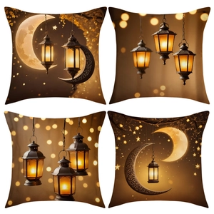 Set of 4 golden Ramadan cushion covers with traditional lantern and crescent moon prints