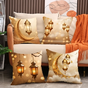 Ramadan Eid Mubarak Cushion Cover Imitation Linen Moon Lantern Print Decorative Pillowcase For Home Sofa Living Room Islamic Ethnic Style Decor