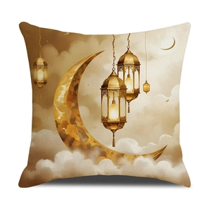 Golden moon and vintage lantern printed decorative pillowcase on a clean white background